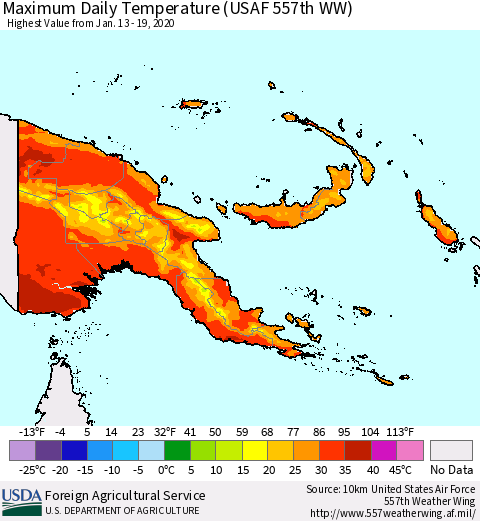 Papua New Guinea Maximum Daily Temperature (USAF 557th WW) Thematic Map For 1/13/2020 - 1/19/2020