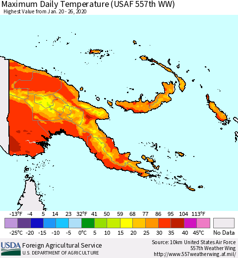 Papua New Guinea Maximum Daily Temperature (USAF 557th WW) Thematic Map For 1/20/2020 - 1/26/2020