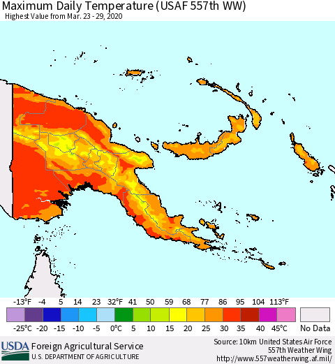 Papua New Guinea Maximum Daily Temperature (USAF 557th WW) Thematic Map For 3/23/2020 - 3/29/2020