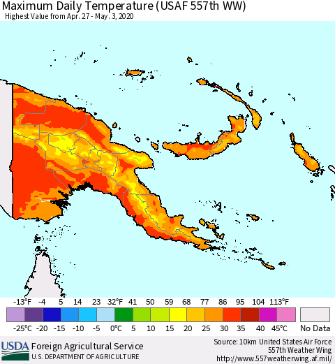 Papua New Guinea Maximum Daily Temperature (USAF 557th WW) Thematic Map For 4/27/2020 - 5/3/2020