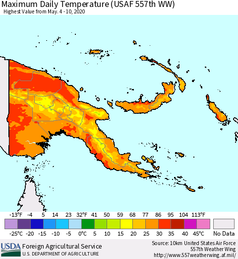 Papua New Guinea Maximum Daily Temperature (USAF 557th WW) Thematic Map For 5/4/2020 - 5/10/2020