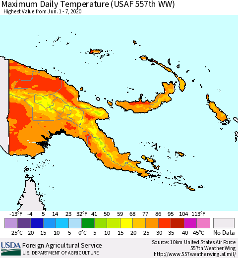 Papua New Guinea Maximum Daily Temperature (USAF 557th WW) Thematic Map For 6/1/2020 - 6/7/2020