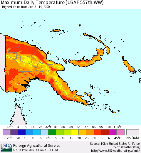 Papua New Guinea Maximum Daily Temperature (USAF 557th WW) Thematic Map For 6/8/2020 - 6/14/2020