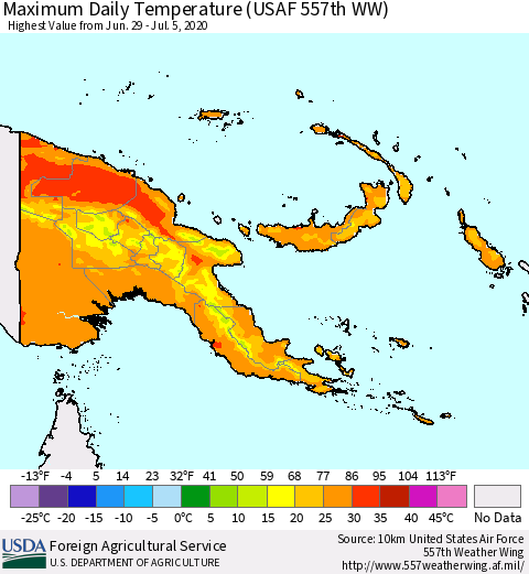 Papua New Guinea Maximum Daily Temperature (USAF 557th WW) Thematic Map For 6/29/2020 - 7/5/2020