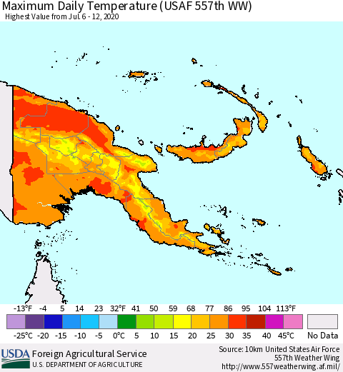 Papua New Guinea Maximum Daily Temperature (USAF 557th WW) Thematic Map For 7/6/2020 - 7/12/2020