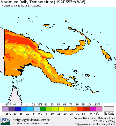 Papua New Guinea Maximum Daily Temperature (USAF 557th WW) Thematic Map For 7/13/2020 - 7/19/2020