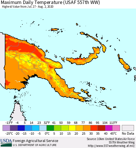 Papua New Guinea Maximum Daily Temperature (USAF 557th WW) Thematic Map For 7/27/2020 - 8/2/2020