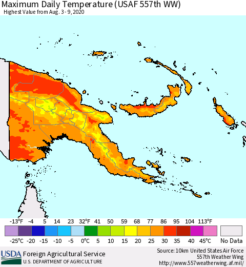 Papua New Guinea Maximum Daily Temperature (USAF 557th WW) Thematic Map For 8/3/2020 - 8/9/2020
