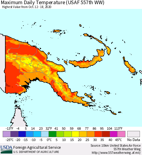 Papua New Guinea Maximum Daily Temperature (USAF 557th WW) Thematic Map For 10/12/2020 - 10/18/2020