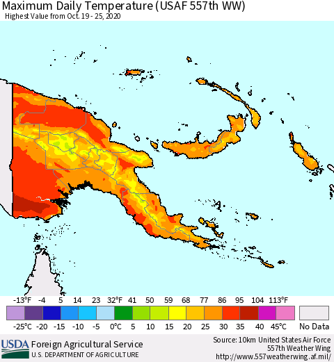 Papua New Guinea Maximum Daily Temperature (USAF 557th WW) Thematic Map For 10/19/2020 - 10/25/2020
