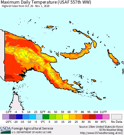 Papua New Guinea Maximum Daily Temperature (USAF 557th WW) Thematic Map For 10/26/2020 - 11/1/2020