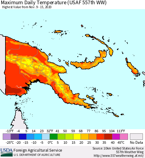 Papua New Guinea Maximum Daily Temperature (USAF 557th WW) Thematic Map For 11/9/2020 - 11/15/2020