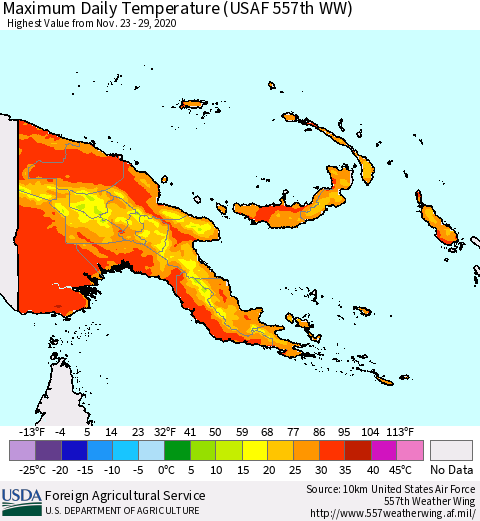 Papua New Guinea Maximum Daily Temperature (USAF 557th WW) Thematic Map For 11/23/2020 - 11/29/2020