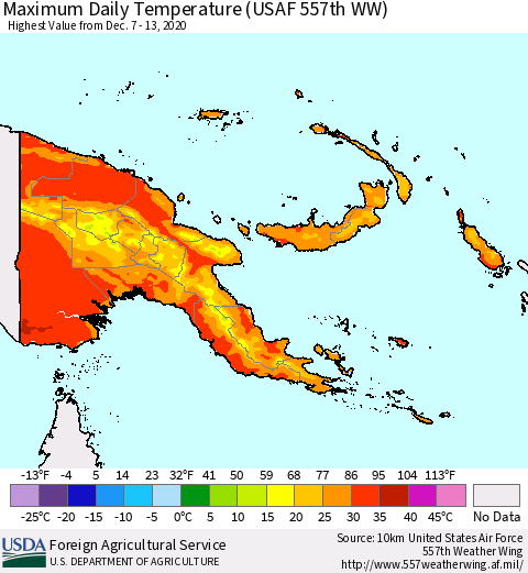 Papua New Guinea Maximum Daily Temperature (USAF 557th WW) Thematic Map For 12/7/2020 - 12/13/2020