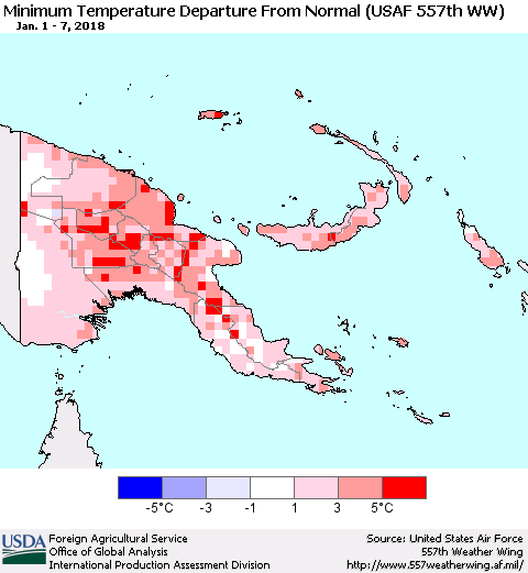 Papua New Guinea Mean Minimum Temperature Departure from Normal (USAF 557th WW) Thematic Map For 1/1/2018 - 1/7/2018