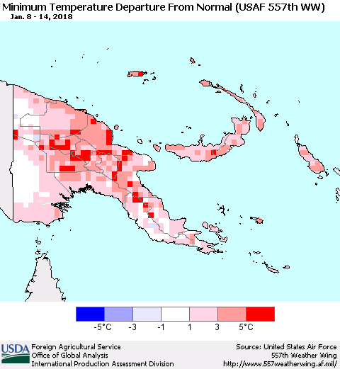 Papua New Guinea Mean Minimum Temperature Departure from Normal (USAF 557th WW) Thematic Map For 1/8/2018 - 1/14/2018