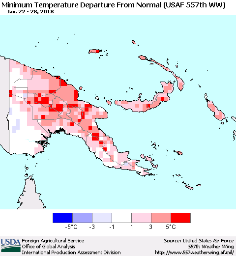 Papua New Guinea Mean Minimum Temperature Departure from Normal (USAF 557th WW) Thematic Map For 1/22/2018 - 1/28/2018