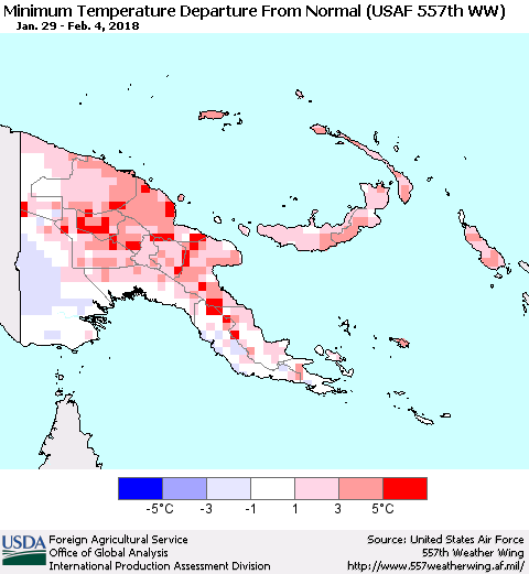 Papua New Guinea Mean Minimum Temperature Departure from Normal (USAF 557th WW) Thematic Map For 1/29/2018 - 2/4/2018