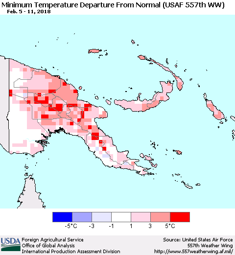 Papua New Guinea Mean Minimum Temperature Departure from Normal (USAF 557th WW) Thematic Map For 2/5/2018 - 2/11/2018
