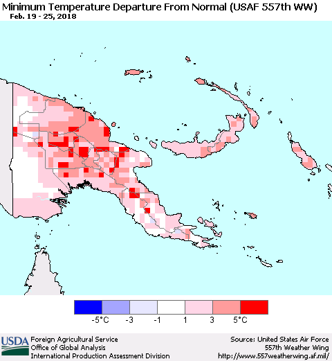 Papua New Guinea Mean Minimum Temperature Departure from Normal (USAF 557th WW) Thematic Map For 2/19/2018 - 2/25/2018