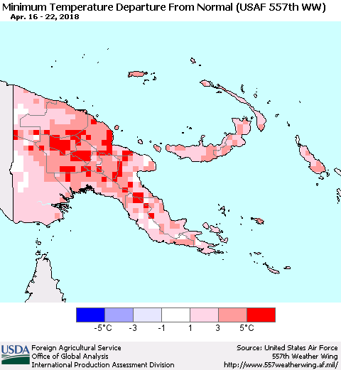 Papua New Guinea Mean Minimum Temperature Departure from Normal (USAF 557th WW) Thematic Map For 4/16/2018 - 4/22/2018