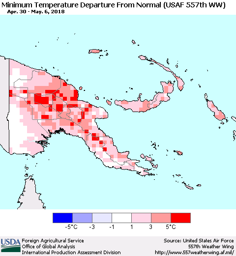 Papua New Guinea Mean Minimum Temperature Departure from Normal (USAF 557th WW) Thematic Map For 4/30/2018 - 5/6/2018