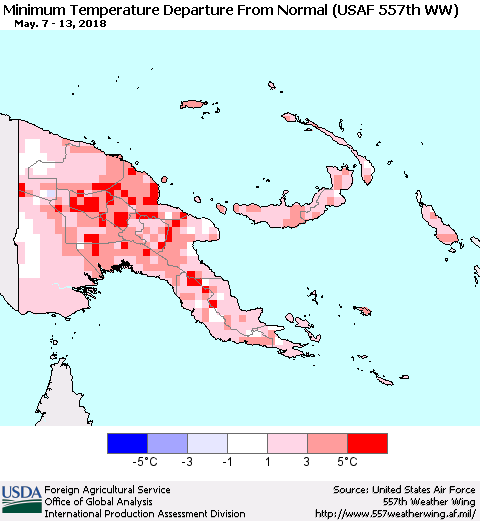Papua New Guinea Mean Minimum Temperature Departure from Normal (USAF 557th WW) Thematic Map For 5/7/2018 - 5/13/2018