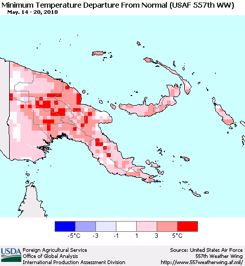 Papua New Guinea Mean Minimum Temperature Departure from Normal (USAF 557th WW) Thematic Map For 5/14/2018 - 5/20/2018