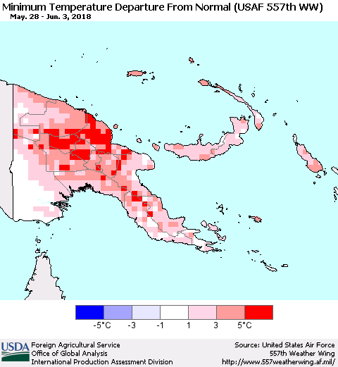 Papua New Guinea Mean Minimum Temperature Departure from Normal (USAF 557th WW) Thematic Map For 5/28/2018 - 6/3/2018