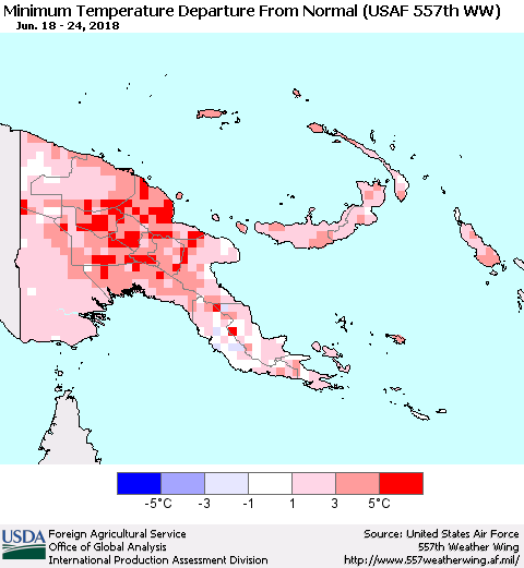 Papua New Guinea Mean Minimum Temperature Departure from Normal (USAF 557th WW) Thematic Map For 6/18/2018 - 6/24/2018