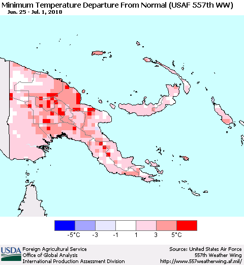 Papua New Guinea Mean Minimum Temperature Departure from Normal (USAF 557th WW) Thematic Map For 6/25/2018 - 7/1/2018