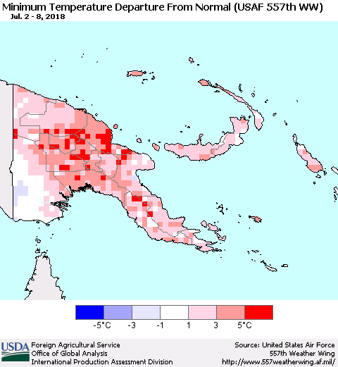 Papua New Guinea Mean Minimum Temperature Departure from Normal (USAF 557th WW) Thematic Map For 7/2/2018 - 7/8/2018