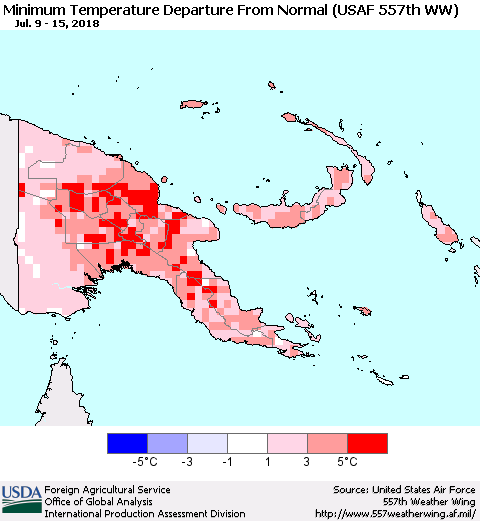 Papua New Guinea Mean Minimum Temperature Departure from Normal (USAF 557th WW) Thematic Map For 7/9/2018 - 7/15/2018