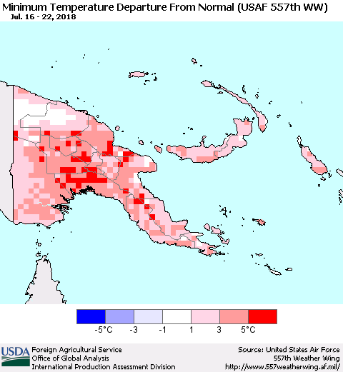 Papua New Guinea Mean Minimum Temperature Departure from Normal (USAF 557th WW) Thematic Map For 7/16/2018 - 7/22/2018