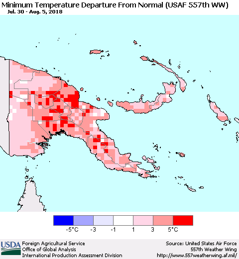 Papua New Guinea Mean Minimum Temperature Departure from Normal (USAF 557th WW) Thematic Map For 7/30/2018 - 8/5/2018