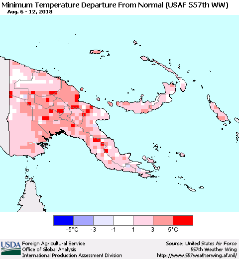 Papua New Guinea Mean Minimum Temperature Departure from Normal (USAF 557th WW) Thematic Map For 8/6/2018 - 8/12/2018