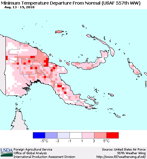 Papua New Guinea Mean Minimum Temperature Departure from Normal (USAF 557th WW) Thematic Map For 8/13/2018 - 8/19/2018