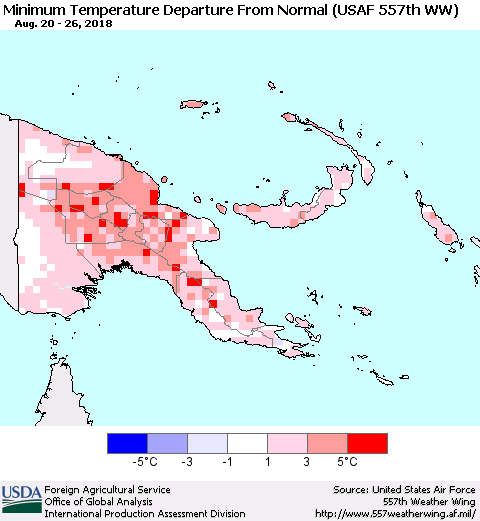 Papua New Guinea Mean Minimum Temperature Departure from Normal (USAF 557th WW) Thematic Map For 8/20/2018 - 8/26/2018