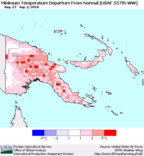 Papua New Guinea Mean Minimum Temperature Departure from Normal (USAF 557th WW) Thematic Map For 8/27/2018 - 9/2/2018