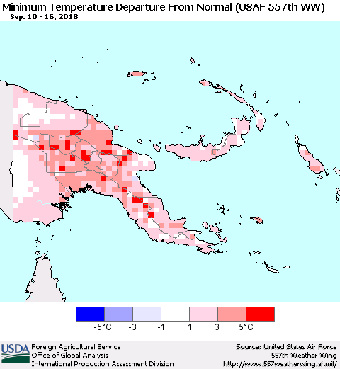 Papua New Guinea Mean Minimum Temperature Departure from Normal (USAF 557th WW) Thematic Map For 9/10/2018 - 9/16/2018