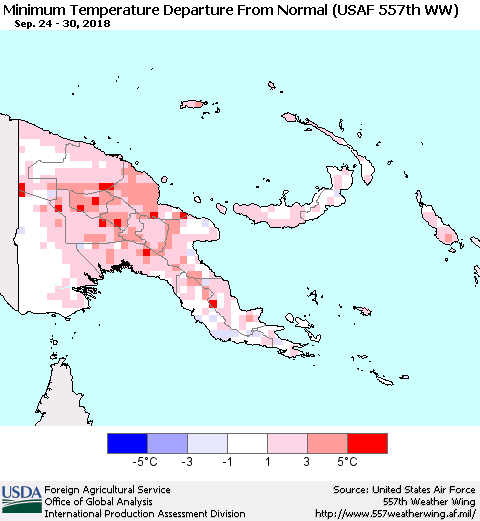 Papua New Guinea Mean Minimum Temperature Departure from Normal (USAF 557th WW) Thematic Map For 9/24/2018 - 9/30/2018
