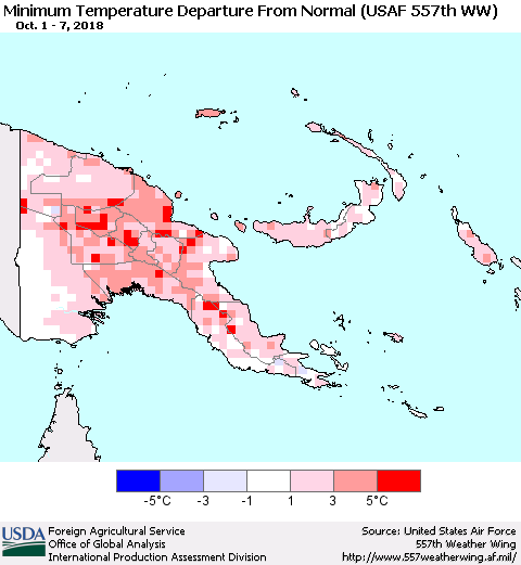 Papua New Guinea Mean Minimum Temperature Departure from Normal (USAF 557th WW) Thematic Map For 10/1/2018 - 10/7/2018