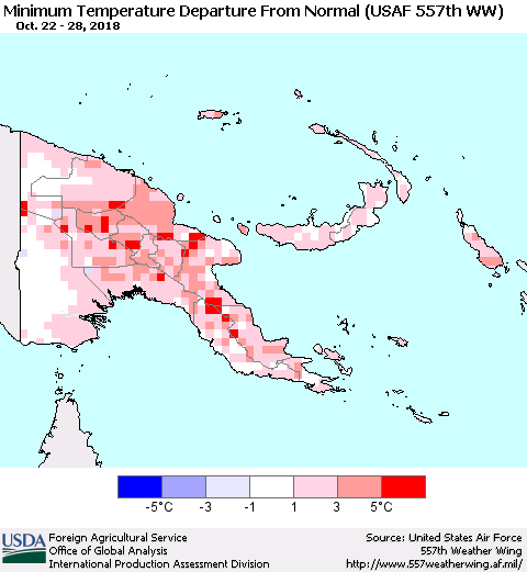 Papua New Guinea Mean Minimum Temperature Departure from Normal (USAF 557th WW) Thematic Map For 10/22/2018 - 10/28/2018