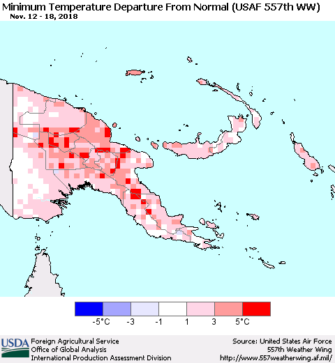 Papua New Guinea Mean Minimum Temperature Departure from Normal (USAF 557th WW) Thematic Map For 11/12/2018 - 11/18/2018