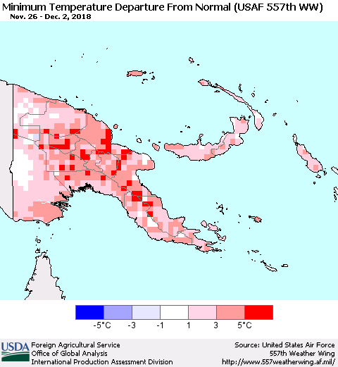 Papua New Guinea Mean Minimum Temperature Departure from Normal (USAF 557th WW) Thematic Map For 11/26/2018 - 12/2/2018