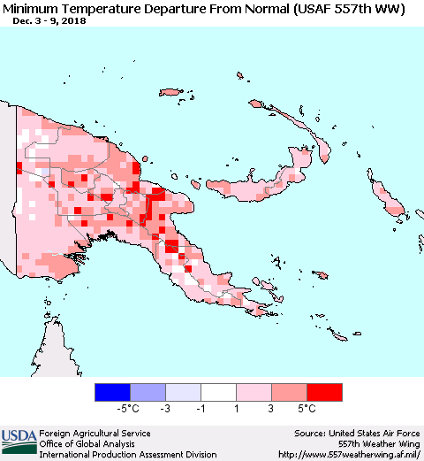 Papua New Guinea Mean Minimum Temperature Departure from Normal (USAF 557th WW) Thematic Map For 12/3/2018 - 12/9/2018