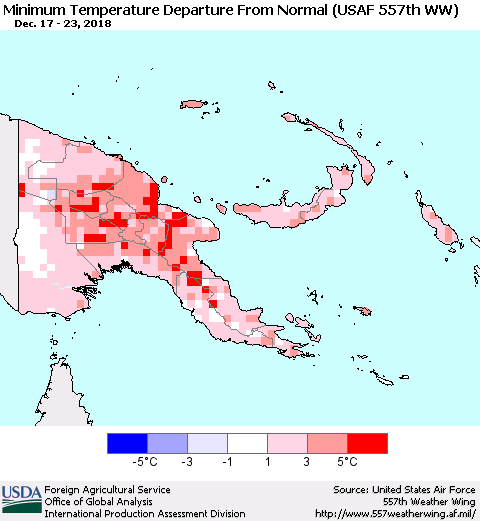 Papua New Guinea Mean Minimum Temperature Departure from Normal (USAF 557th WW) Thematic Map For 12/17/2018 - 12/23/2018