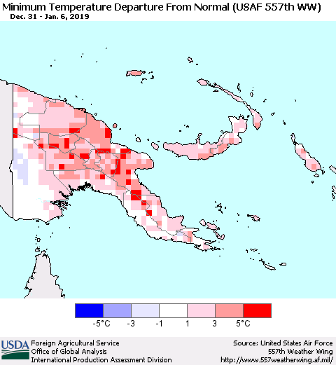 Papua New Guinea Mean Minimum Temperature Departure from Normal (USAF 557th WW) Thematic Map For 12/31/2018 - 1/6/2019