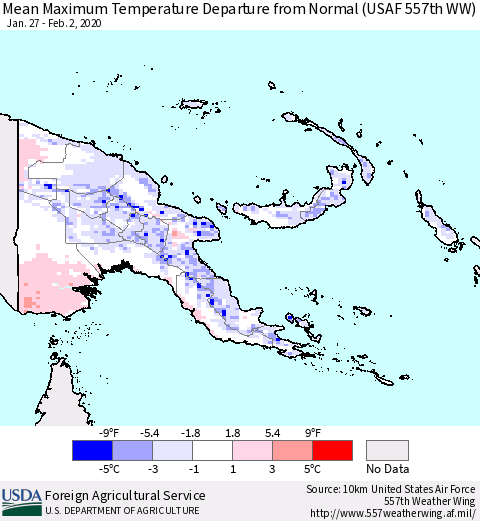 Papua New Guinea Mean Maximum Temperature Departure from Normal (USAF 557th WW) Thematic Map For 1/27/2020 - 2/2/2020