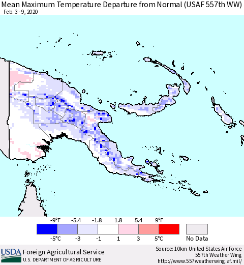 Papua New Guinea Mean Maximum Temperature Departure from Normal (USAF 557th WW) Thematic Map For 2/3/2020 - 2/9/2020